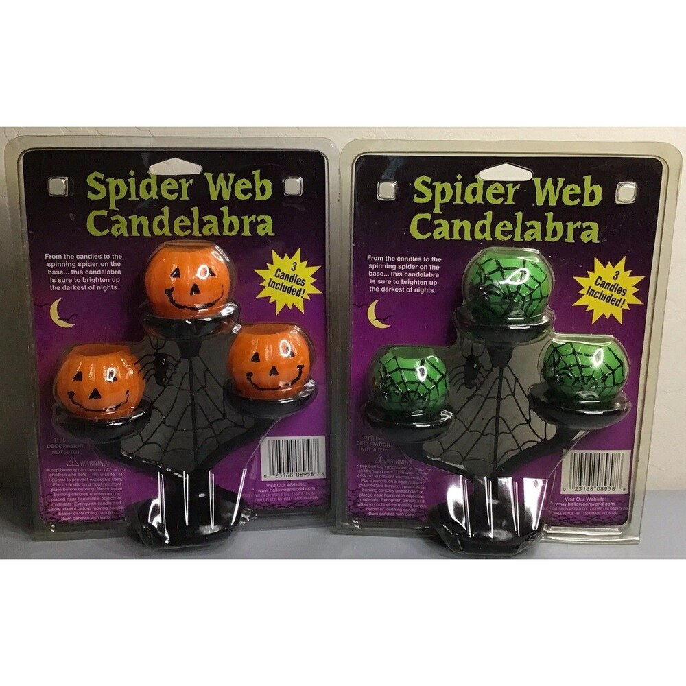 2- VTG Fun World Halloween Candelabras w/Candles Pumpkin & Spider Web Design NIP